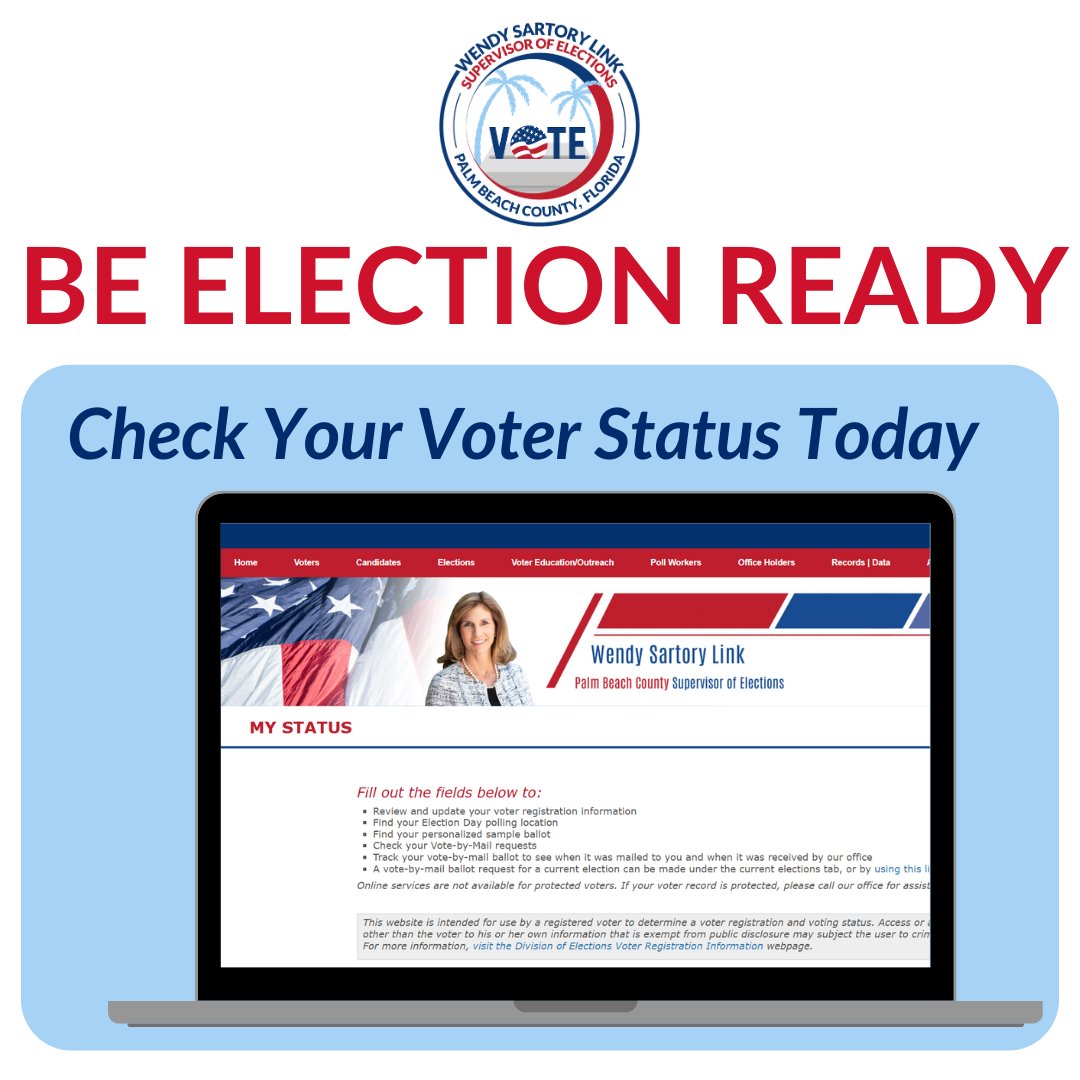 ✨Have you checked your voter status? Please visit VotePalmBeach.gov "My Status” to verify that all your information is up to date!

 #VotePalmBeach