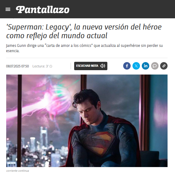 Permiso, vengo a manifestar mi indignación con Montevideo Portal por tres motivos:

1) El título 'Superman: Legacy' se cambió hace un año y medio.
2) El pie de foto, ¿corriente continua?
3) Todo IA sin chequear.

Hay que ponerle un límite antes que se nos vaya de las manos.