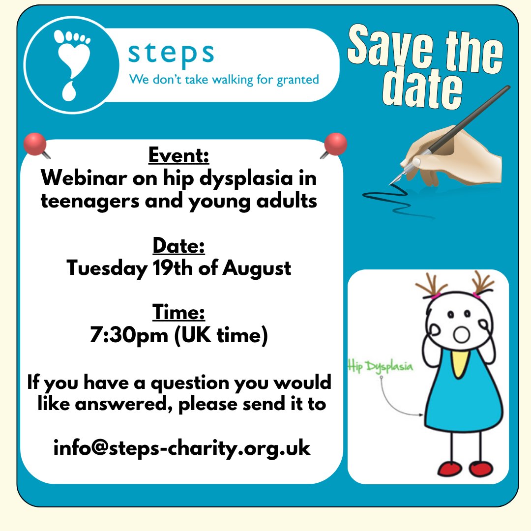 STEPS_Charity's tweet image. Mark your calendars! Join us on August 19th at 7:30 PM for an enlightening webinar on hip dysplasia in teenagers and young adults. Questions to be sent to our expert at: info@steps-charity.org.uk
#HipDysplasia #SaveTheDate #StepsWorldwide.

 Sign up at tinyurl.com/TeenHips