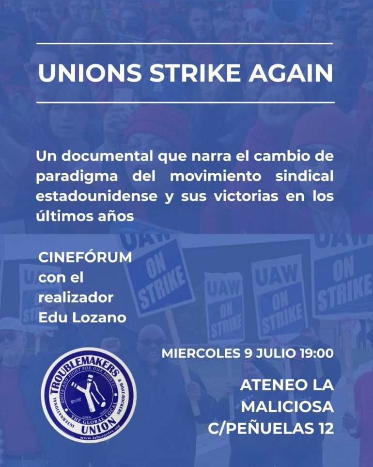 CGTucm's tweet image. 📽️Unions Strike Again es un documental que nos adentra en el movimiento sindical estadounidense🗽 explicandonos su historia, sus tácticas y sus victorias✌️
📍Te esperamos el próximo miércoles 9 a las 19:00 en el Ateneo La Maliciosa.
C/Peñuelas 12 (Embajadores)