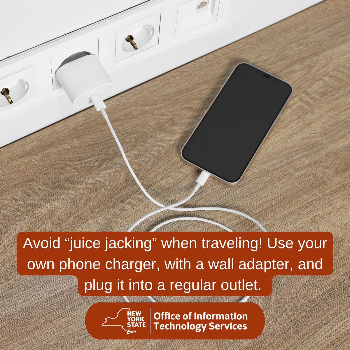NYSITS's tweet image. #ToolTipTuesday Traveling and need to charge your phone? Use your own charger, with a wall adapter, and plug it into a regular outlet. USB charging stations can be infected with malware, known as “juice jacking,” which can collect data, including text messages.
