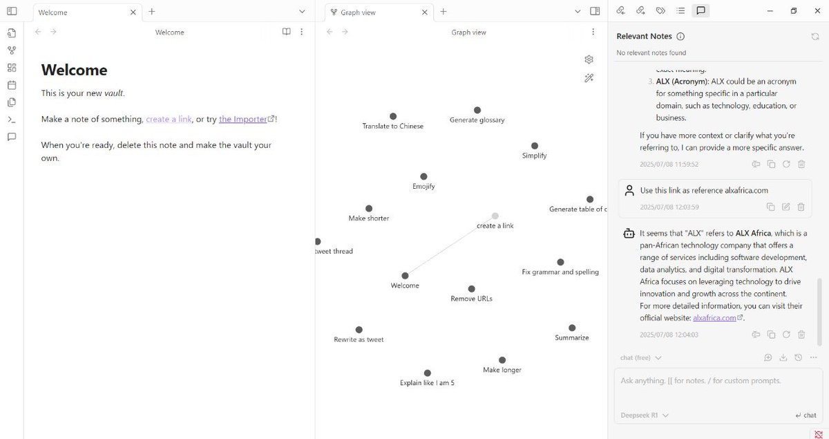 hart4849's tweet photo. Week 2, Day 2 of #ALX_AiSK 

Diving into AI-powered note-taking with Obsidian + Groq Here we turn thoughts into structured, smart content. 
@lowercase_life @kalibetre @jbarbier @alx_africa #Groq #Obsidian https://t.co/g31EGn6mNE