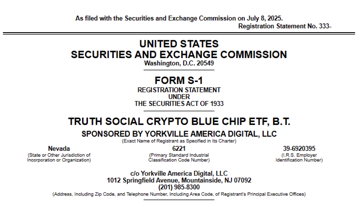 New filing for the Truth Social Crypto Blue Chip ETF, which will be a spot crypto  basket holding Bitcoin, Ether, Solana, XRP and Cronos