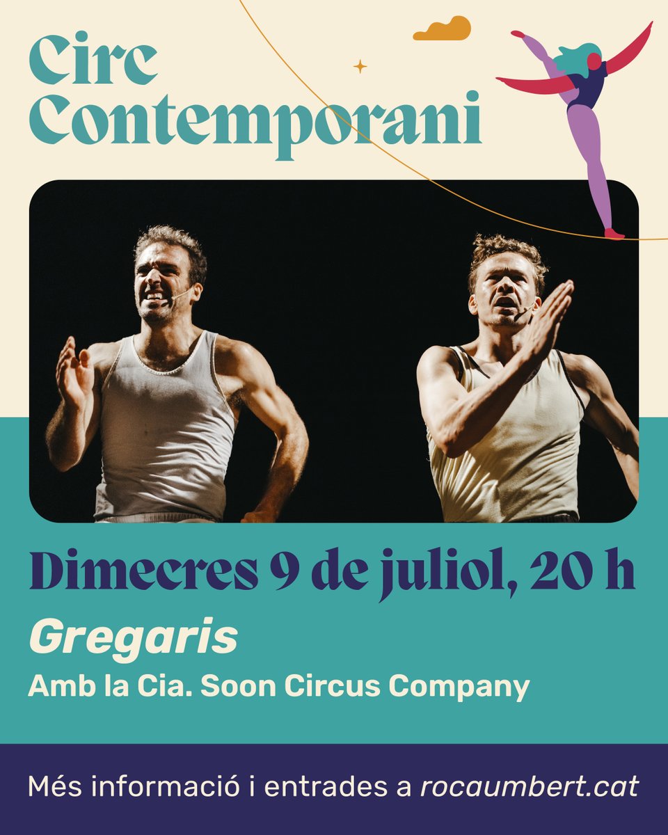 🎪Demà dimecres segon espectacle de circ de l’Obert x Vacances a @rocaumbert amb "Gregaris" de la Cia. Soon Circus Company

📆Dimecres 9 de juliol
🕐20  h
💶Gratuït

Consulta tota la programació de l’Obert per vacances a: granollers.cat/cultura