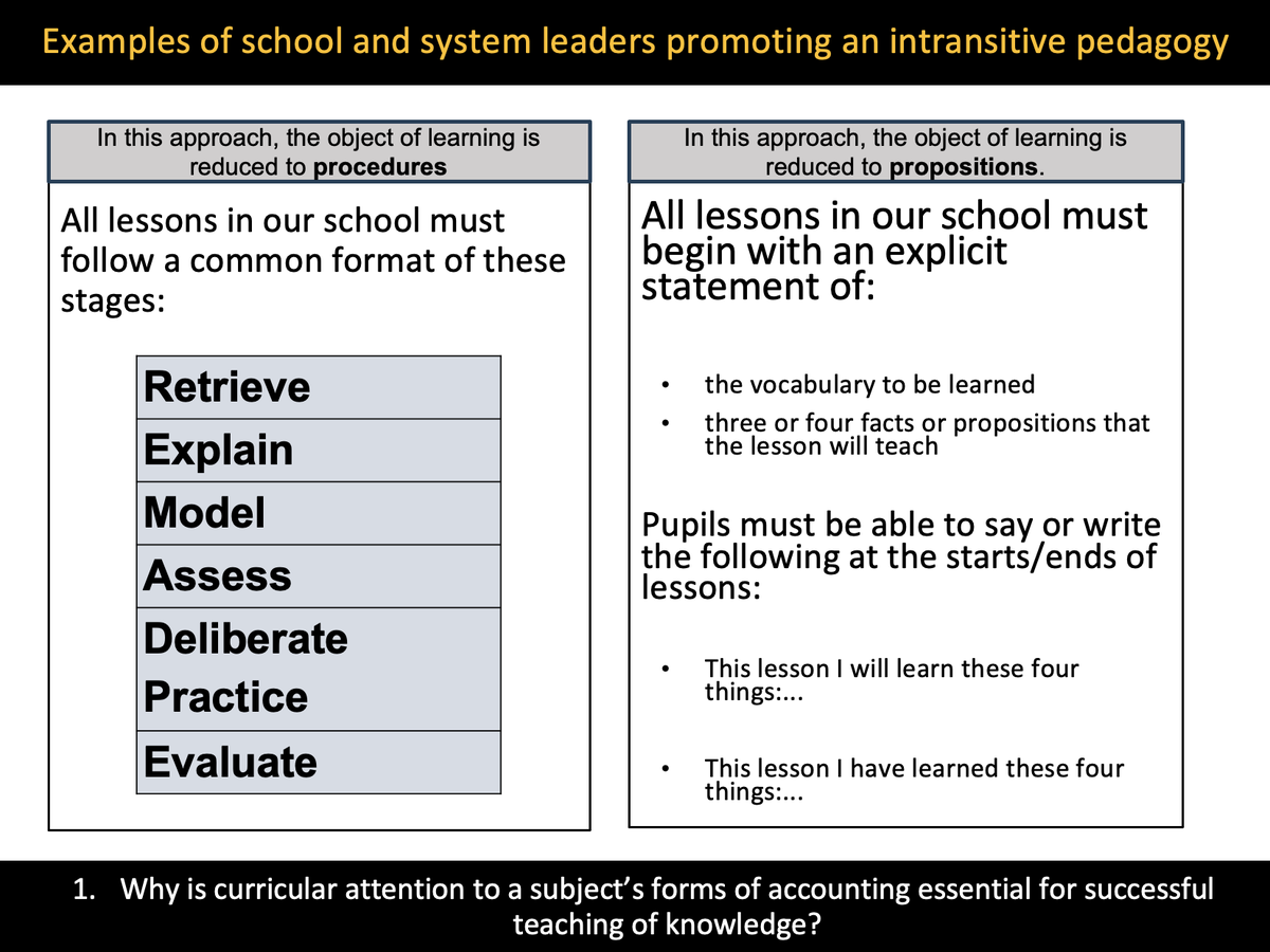 Christine Counsell (@counsell_c) on Twitter photo <a href="/catherinepriggs/">Catherine Priggs</a> This is why imposing generic lesson plans like these (which might work fine in subjects with weak semantic gravity like science & maths) on subjects like history, English or RE is a problem. The first reduces the lesson to teaching a procedure, the second to teaching propositions <a href="/catherinepriggs/">Catherine Priggs</a> This is why imposing generic lesson plans like these (which might work fine in subjects with weak semantic gravity like science & maths) on subjects like history, English or RE is a problem. The first reduces the lesson to teaching a procedure, the second to teaching propositions