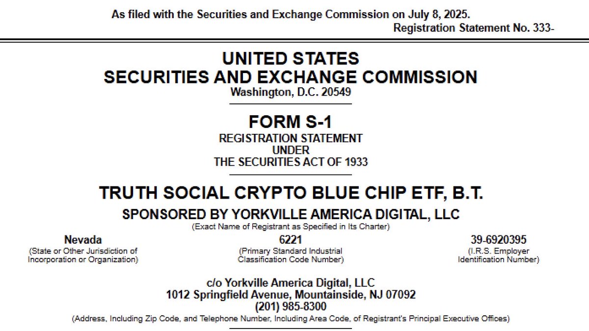 BREAKING: 🇺🇸 Donald Trump’s Truth Social files for a Crypto Blue Chip ETF with the SEC.

The ETF will invest in a basket of crypto: 70% Bitcoin, 15% Ether, 8% Solana, 5% Cronos, and 2% XRP.
