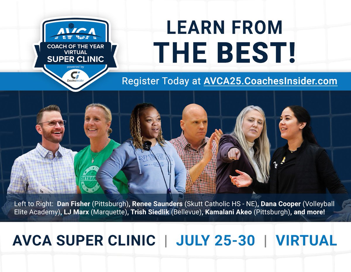 AVCAVolleyball's tweet image. Learn from the best at the AVCA Super Clinic, including presenters from @pitt_vb, @skuttcatholicvb, @MarquetteVB, @BUBruinsVB, @rocketcityvball, @csuvolleyball, @hopevolleyball, @volleystarvba, @lavaacademy, @nfhs_org, @grandoaksvb & @baylorvball
Register: avca25.coachesinsider.com