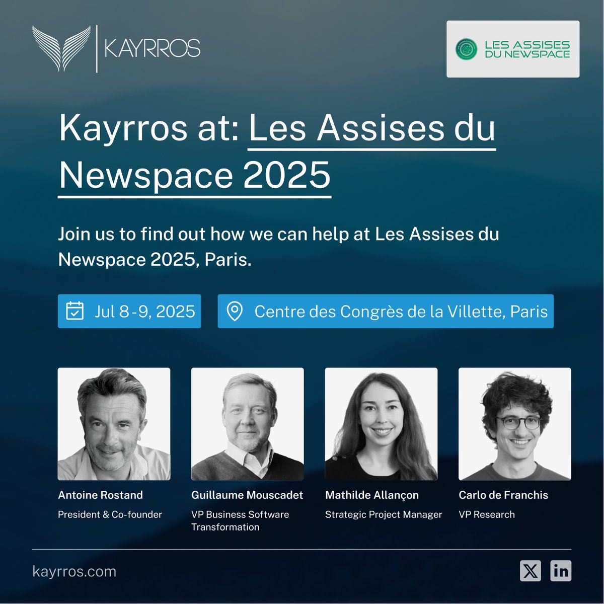 🚀 Kayrros se réjouit de participer aux Assises du NewSpace à Paris — un rendez-vous incontournable dédié à l’essor de la filière spatiale française et à l’émergence d’un écosystème d’innovation dynamique autour du NewSpace.

🔭 Les Assises sont organisées par un collectif