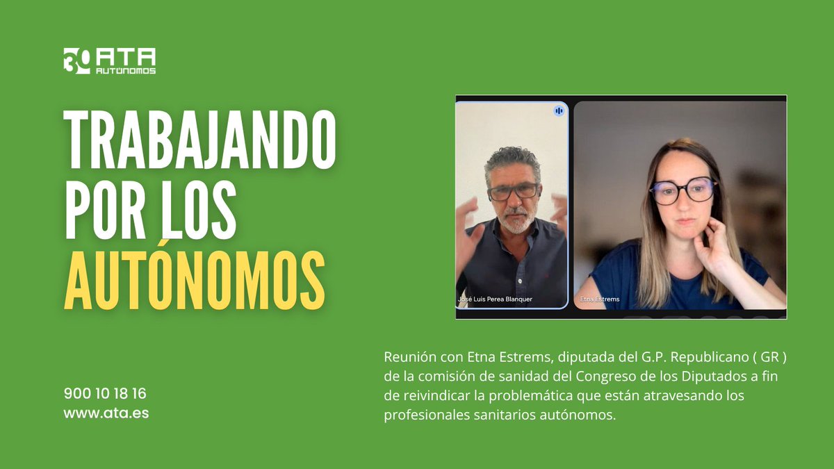 Fed. Autónomos 𝗔𝗧𝗔 (@autonomosata) on Twitter photo Trabajando por los #autónomos y #autonomas del sector sanitario.
Hoy con <a href="/jlperea67/">JOSE LUIS PEREA</a> hemos tenido una reunión con Etna Estrems, diputada del G.P. Republicano <a href="/EtnaEF/">Etna Estrems Fayos</a> de la comisión de sanidad del <a href="/Congreso_Es/">Congreso</a> de los Diputados a fin de reivindicar la problemática que están Trabajando por los #autónomos y #autonomas del sector sanitario.
Hoy con <a href="/jlperea67/">JOSE LUIS PEREA</a> hemos tenido una reunión con Etna Estrems, diputada del G.P. Republicano <a href="/EtnaEF/">Etna Estrems Fayos</a> de la comisión de sanidad del <a href="/Congreso_Es/">Congreso</a> de los Diputados a fin de reivindicar la problemática que están