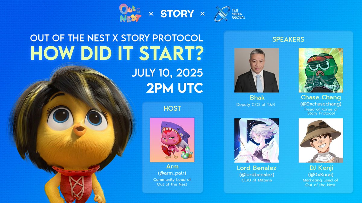 Out Of The Nest (@outofthenestth) on Twitter photo 📣 AMA: How did it start? feat. <a href="/StoryProtocol/">Story</a> 🐣
Join our AMA to chat about our partnership, the Netflix USA movie update, how IP tokenization works, and what’s next for us—plus a fun mix-up idea!
🎙Speakers:
<a href="/0xchasechang/">chase.ip</a>
@lordbenalez
<a href="/0xKurai/">DJ Kenji ✨</a>
Bhak (<a href="/TandBMedia/">T&B Media Global Thailand</a>)
🏡Host: 📣 AMA: How did it start? feat. <a href="/StoryProtocol/">Story</a> 🐣
Join our AMA to chat about our partnership, the Netflix USA movie update, how IP tokenization works, and what’s next for us—plus a fun mix-up idea!
🎙Speakers:
<a href="/0xchasechang/">chase.ip</a>
@lordbenalez
<a href="/0xKurai/">DJ Kenji ✨</a>
Bhak (<a href="/TandBMedia/">T&B Media Global Thailand</a>)
🏡Host: