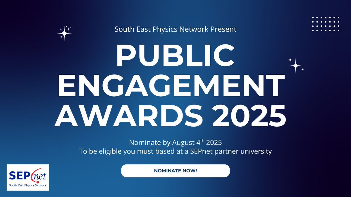 SEPhysics's tweet image. ✨ Are you a researcher based at one of our partner universities? Are you involved in physics outreach or public engagement? Celebrate yours and your colleagues' work by nominating for the SEPnet Public Engagement Awards!
📌 Nomination deadline: 4th August 2025
🔗…