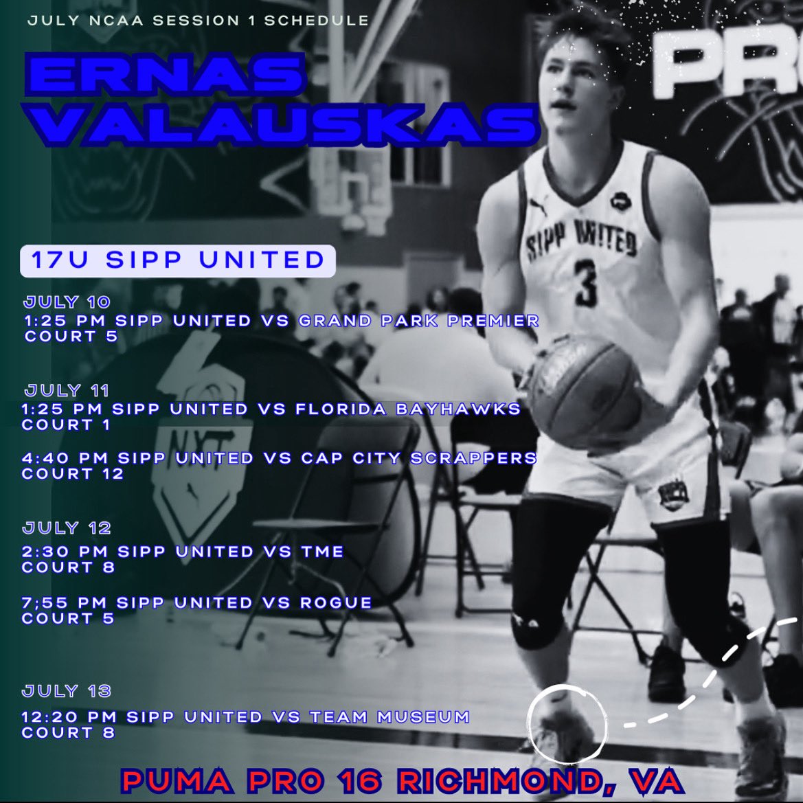 2026 Ernas Valauskas will be representing McCallie with with Team Sipp United at Puma Pro16 in Richmond, VA starting Thursday thru Sunday. Ⓜ️🏀🔥