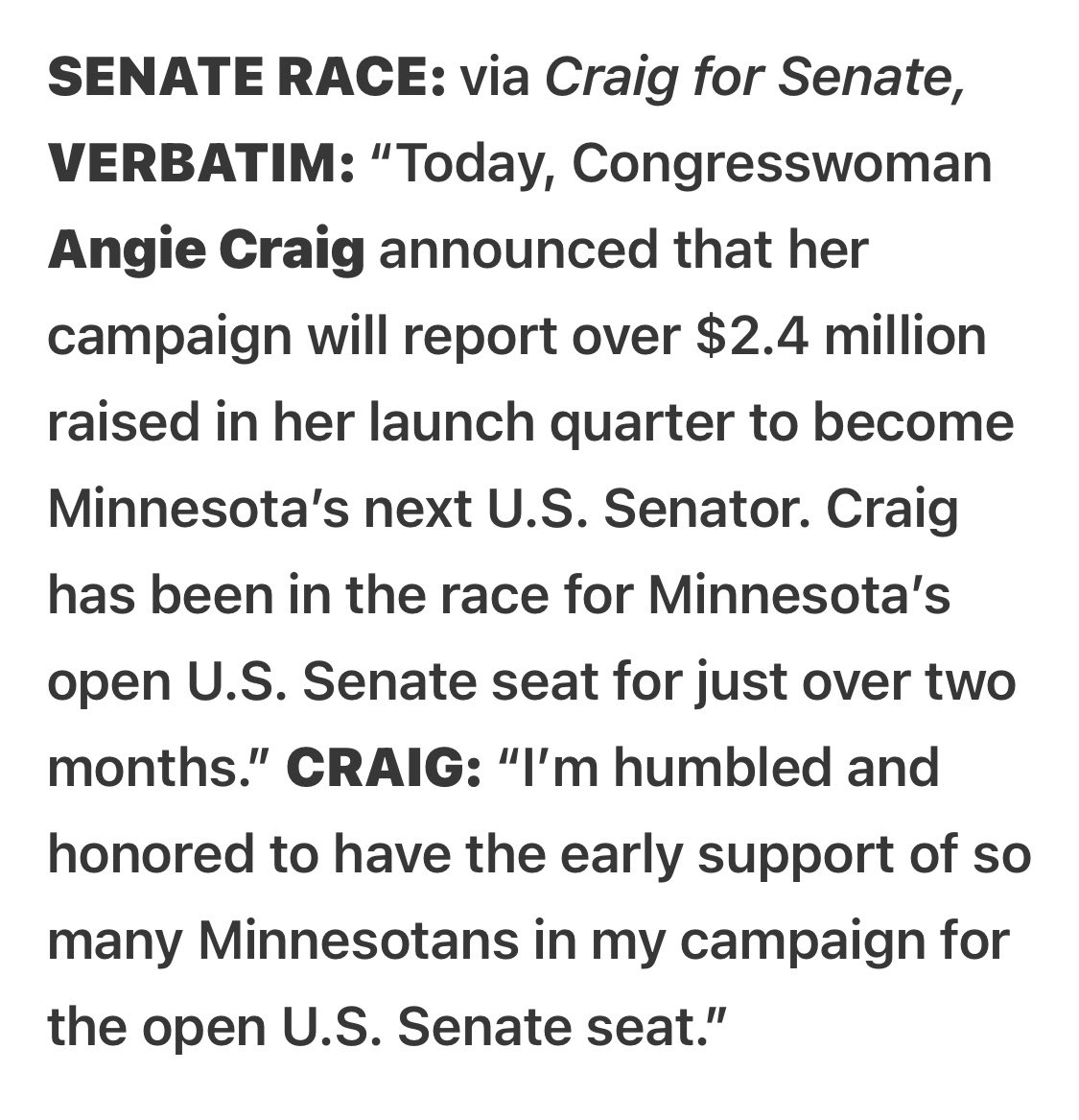 grant_hauschild's tweet image. Damn @AngieCraigMN can fundraise! $2.4 Million in TWO Months 👀 Let’s Go!