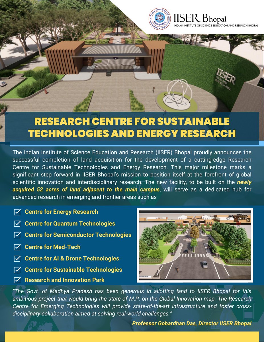 IISER Bhopal Announces the Establishment of the Research Centre for Sustainable Technologies and Energy Research! 

Under the visionary leadership of Prof. Gobardhan Das, Director, IISER Bhopal, we are proud to take a bold step toward advancing central India’s scientific and