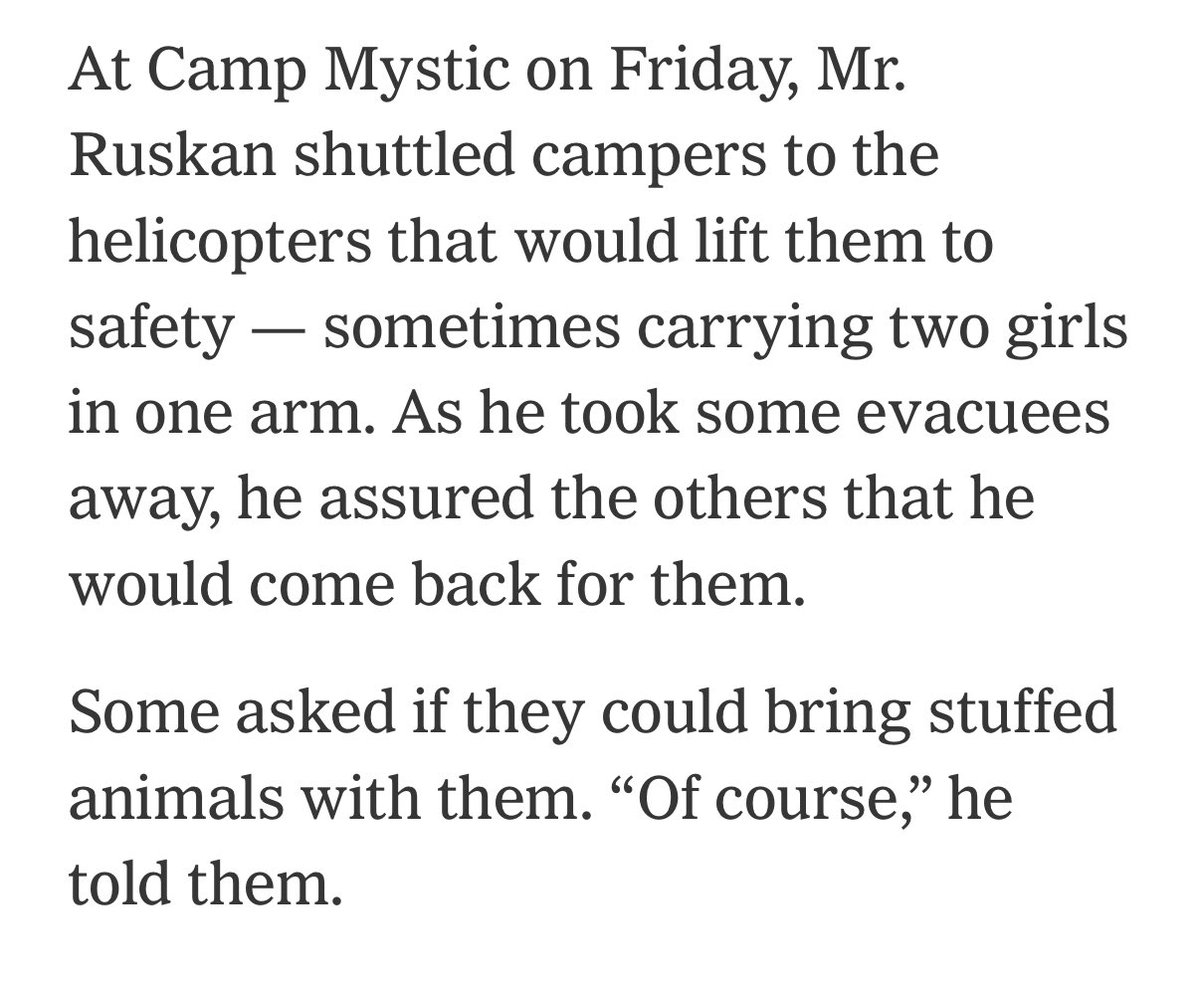 Ajit Pai (@ajitpai) on Twitter photo At Camp Mystic, <a href="/USCG/">U.S. Coast Guard</a>’s Scott Ruskan “shuttled campers to the helicopters that would lift them to safety—sometimes carrying two girls in one arm. . . . Some asked if they could bring stuffed animals with them. ‘Of course,’ he told them.” 🇺🇸💪
nytimes.com/2025/07/06/us/… At Camp Mystic, <a href="/USCG/">U.S. Coast Guard</a>’s Scott Ruskan “shuttled campers to the helicopters that would lift them to safety—sometimes carrying two girls in one arm. . . . Some asked if they could bring stuffed animals with them. ‘Of course,’ he told them.” 🇺🇸💪
nytimes.com/2025/07/06/us/…