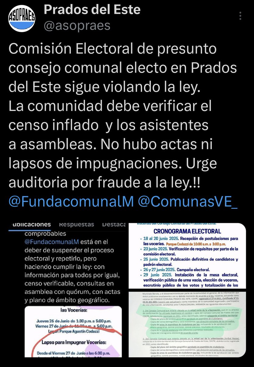 asopraes's tweet photo. OJO: Campaña de difamación contra ASOPRAES está dirigida a callar denuncias de ilícitos urbanísticos, 
ahora con nuevo consejo comunal q serviría de plataforma para confrontar y forzar comercios en lo residencial. @FundacomunalM  @ComunasVE_ expliquen esa elección q VIOLÓ LA LEY. https://t.co/wFAruUpJjr