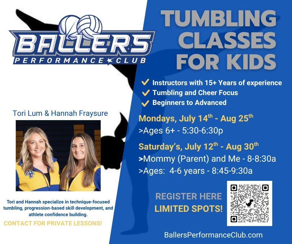 Tumbling Classes @ Ballers!  Limited Spots!  Register online. 🤸🤸🏼‍♂️