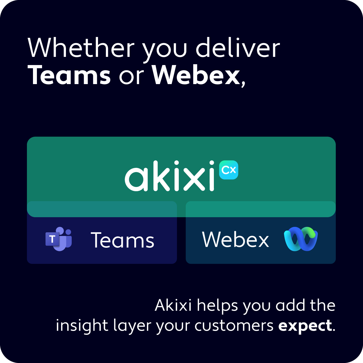 Whether you’re delivering Teams or Webex, Akixi helps you add the insight layer your customers expect.

Real-time analytics. CRM visibility. Call Recording.

Learn what’s possible with Akixi 👉 eu1.hubs.ly/H0lBq1g0