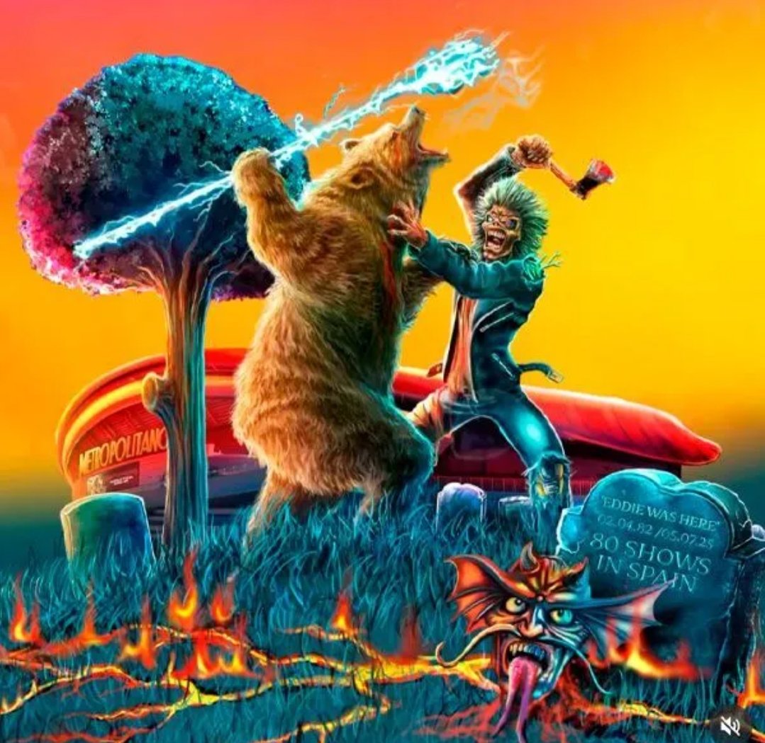 Qué te parece? Este es el diseño de Iron Maiden para las camisetas de su gira a su paso por Madrid. En la ilustración podemos ver a nuestra osa, que pelea junto al madroño con Eddie, la mascota zombi de la banda ⚡⚡⚡ Y lleva un tridente eléctrico!