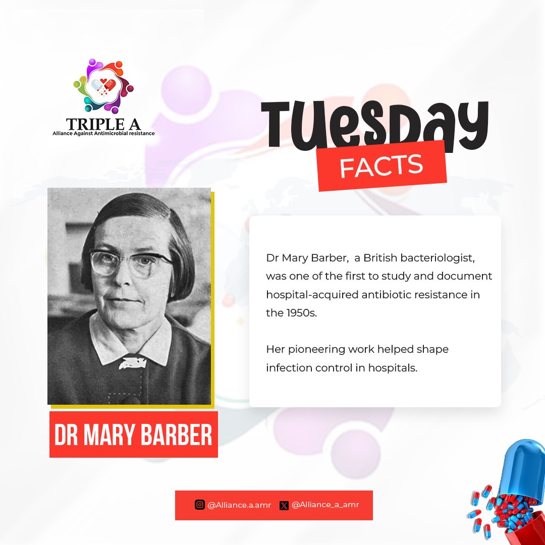 🧫 In the 1950s, Dr. Mary Barber was already studying antibiotic resistance in hospitals.

Her groundbreaking work shaped how we manage infections today. A true pioneer in the fight against AMR.
#TripleAFacts #AMR #WomenInScience #GlobalHealth #AntibioticResistance