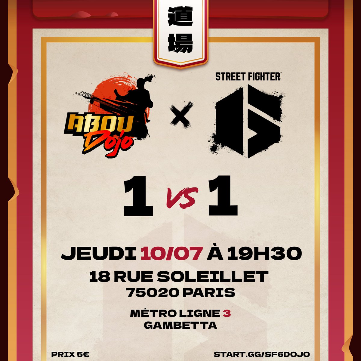 Les inscriptions pour le dojo de jeudi sont ouvertes 

📅Jeudi 10 juillet
⏰Ouverture 18h30
⚔️Tournoi 19h30
💵5€

Inscriptions : start.gg/sf6dojo
Inscription en ligne et paiement sur place possible  

#Aboudojo