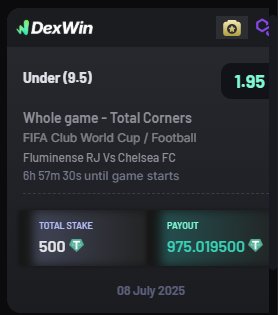 ๐ฏ. ๐ณ. ๐จ. เผ๏ธ (@hacklifeajax) on Twitter photo โฝ Fluminense vs Chelsea โ Club World Cup semi!
Dropped 500 $USDT on Under 9.5 corners to win 975 $USDT ๐ฅ
Best betting odds in the Club World Cup today!
Only on <a href="/DexWin_Sports/">DexWin Crypto Betting</a> โ zero fees, no KYC, and blockchain betting at its peak! โฝ Fluminense vs Chelsea โ Club World Cup semi!
Dropped 500 $USDT on Under 9.5 corners to win 975 $USDT ๐ฅ
Best betting odds in the Club World Cup today!
Only on <a href="/DexWin_Sports/">DexWin Crypto Betting</a> โ zero fees, no KYC, and blockchain betting at its peak!