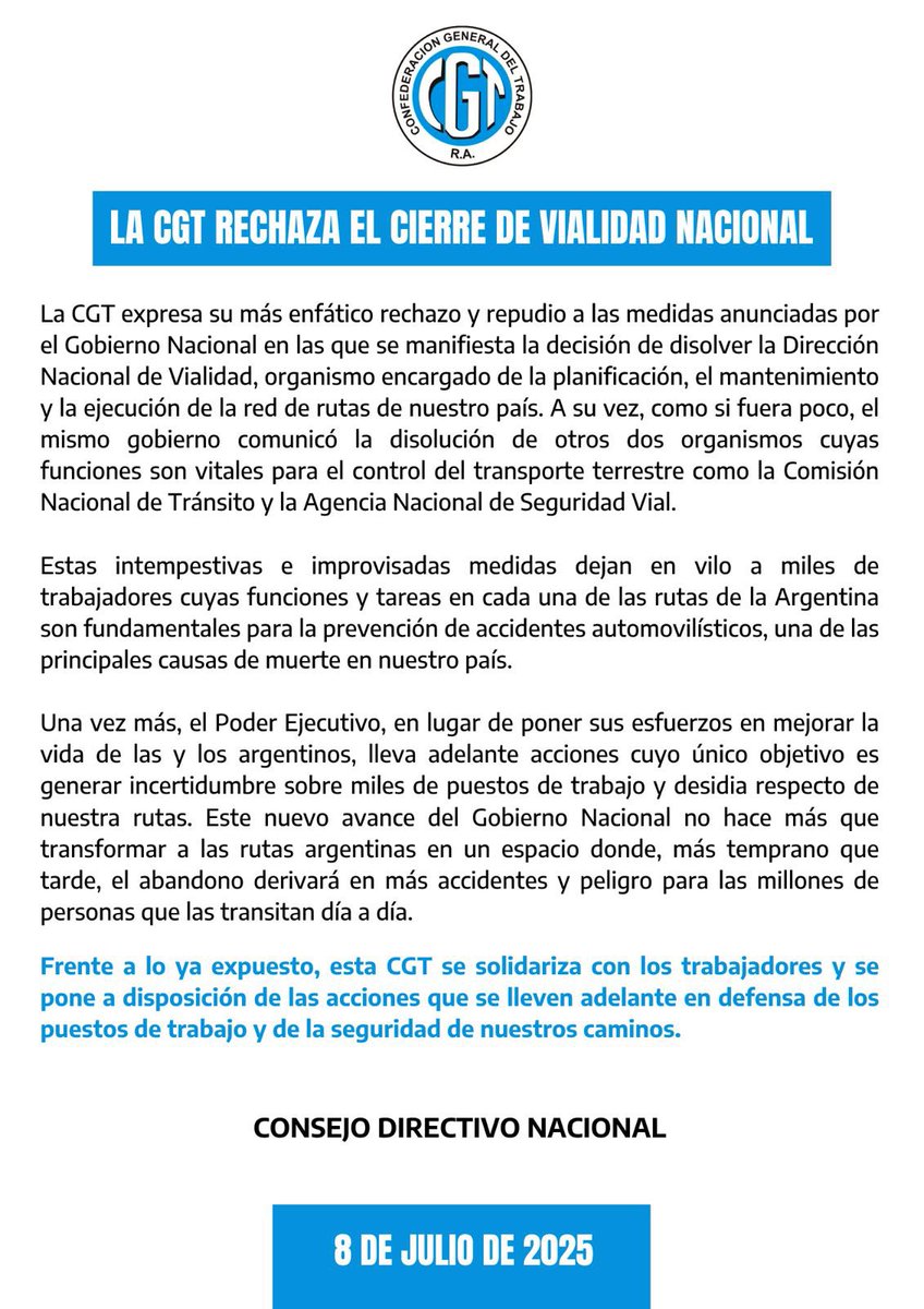 cgtoficialok's tweet image. 📢 LA CGT RECHAZA EL CIERRE DE VIALIDAD NACIONAL
👉🏼 Está CGT se solidariza con los trabajadores y se pone a disposición de las acciones que se lleven adelante en defensa de los puestos de trabajo y de la seguridad de nuestros caminos