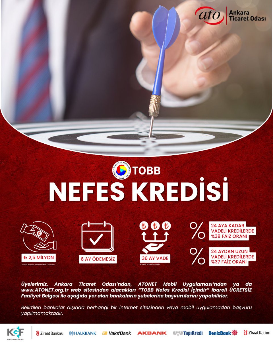 Ankara Ticaret Odası Üyelerinin yararlanabileceği TOBB Nefes Kredisi başvuruları başladı! 📢📢📢

TOBB Nefes Kredisi işlemlerinde kullanılmak üzere Odamız tarafından ücretsiz olarak verilecek Faaliyet Belgesi ile birlikte ilgili bankalara ait şubelerden (Ziraat Bankası, Halkbank,