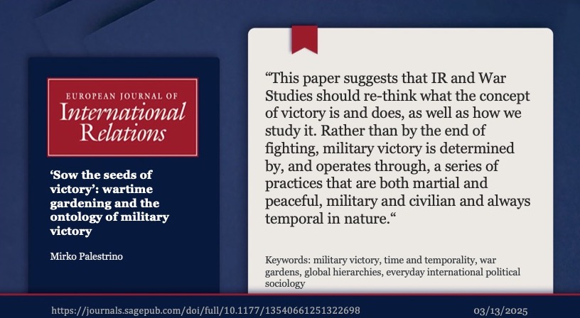 EJIR (European Journal of International Relations) (@eurojournir) on Twitter photo 🧵1/10
“’Sow the seeds of victory’: wartime gardening and the ontology of military victory“ by <a href="/palestrinomirko/">Mirko Palestrino</a>
t1p.de/ajj2p 🧵1/10
“’Sow the seeds of victory’: wartime gardening and the ontology of military victory“ by <a href="/palestrinomirko/">Mirko Palestrino</a>
t1p.de/ajj2p