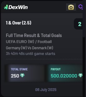 Hill On Mosque (@hillonmosque) on Twitter photo โฝ Germany vs Denmark in Euro Women!
Backed Germany & Over 2.5 goals with 250 $USDT to win 500 $USDT ๐ฅ
Best betting odds in Euro Women football today!
Only on <a href="/DexWin_Sports/">DexWin Crypto Betting</a> โ decentralized sports betting with higher bonuses than Stake ๐ โฝ Germany vs Denmark in Euro Women!
Backed Germany & Over 2.5 goals with 250 $USDT to win 500 $USDT ๐ฅ
Best betting odds in Euro Women football today!
Only on <a href="/DexWin_Sports/">DexWin Crypto Betting</a> โ decentralized sports betting with higher bonuses than Stake ๐