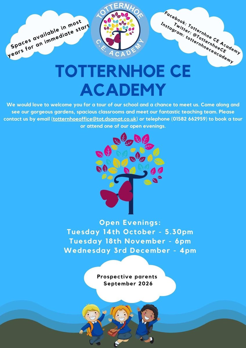 🔵 Open evenings for 2026-27 intake

Please see below our open evening dates for Reception class 2026-27. We would love to show you what we have to offer your child and family at our 'Good' Ofsted rated, nurturing village school, please contact the office and book your space!