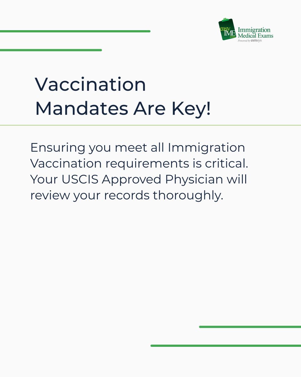 easyIME's tweet image. Your Medical Examination Green Card involves more than just a routine checkup! 🔬
Know what to expect from your USCIS Approved Physician and ensure a compliant exam with easyIME!
#GreenCardExam #MedicalExamSpecifics #ImmigrationHealth #USCIS #easyIME #BloodTest #Vaccination