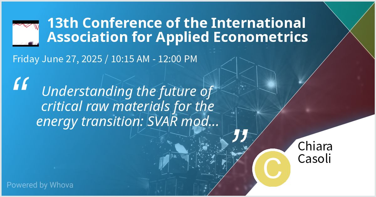 Economia Insubria (@ecoinsubria) on Twitter photo Chiara Casoli in Torino presenting "Understanding the future of critical raw materials for the energy transition: SVAR models for the U.S. market" w/ Ilenia Gaia Romani (<a href="/MIT/">Massachusetts Institute of Technology (MIT)</a>) at the 13th Conference of the International Association for Applied Econometrics, 25-27/06. Chiara Casoli in Torino presenting "Understanding the future of critical raw materials for the energy transition: SVAR models for the U.S. market" w/ Ilenia Gaia Romani (<a href="/MIT/">Massachusetts Institute of Technology (MIT)</a>) at the 13th Conference of the International Association for Applied Econometrics, 25-27/06.