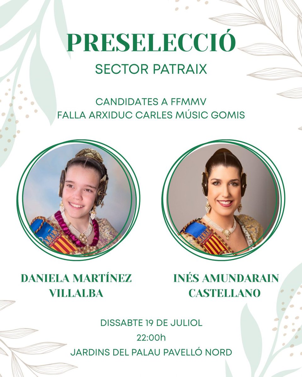 Daniela i Inés, seràn les nostres candidates a Falleres Majors de València 2026. 
El dissabte 19 de juliol tenim una cita important al Pavelló Nord del Palau de la Música. Vos esperem a tots per a acompanyar-les! 

Molta sort xiques! La comissió está amb vosaltres💚