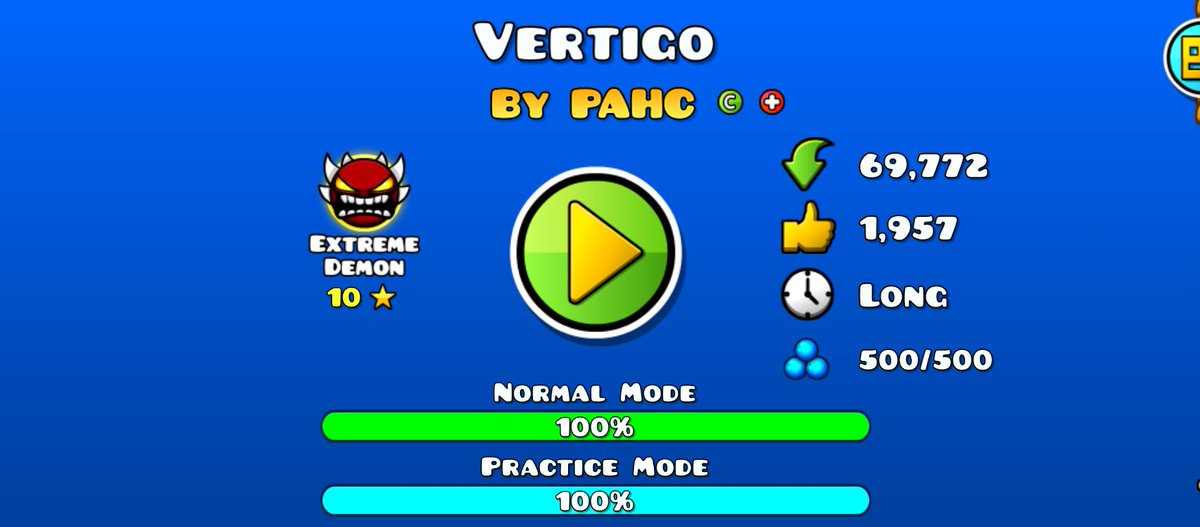 chipz_zzz's tweet image. My stupid little brain struggled a little with the wave parts but I eventually figured them out and pushed through
VERTIGO 100% Definitely my fav extreme demon. I'm an absolute sucker for levels that aren't difficult because of super tight spaces 💥💥