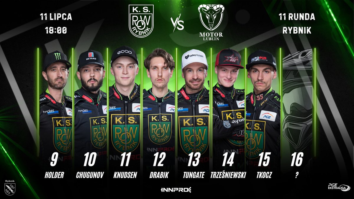 Awizowany skład na piątkowy mecz #RYBLUB 🏁

🟢⚫️ #ROWRybnik #YNOROW #INNPRO #WpadnijDoROWu #PGEEKstraliga #speedway