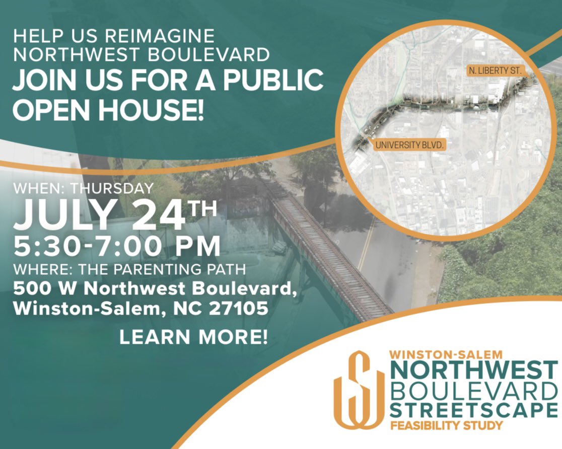 CityofWS's tweet image. The city is exploring improvements to Northwest Boulevard Streetscape! Join us and provide feedback on what you would like to see changed to make the corridor more walkable, bikeable, and beautiful:
🔸July 24, 5:30-7:00 p.m.
🔸500 W Northwest Blvd, Winston-Salem, NC 27105
Learn…