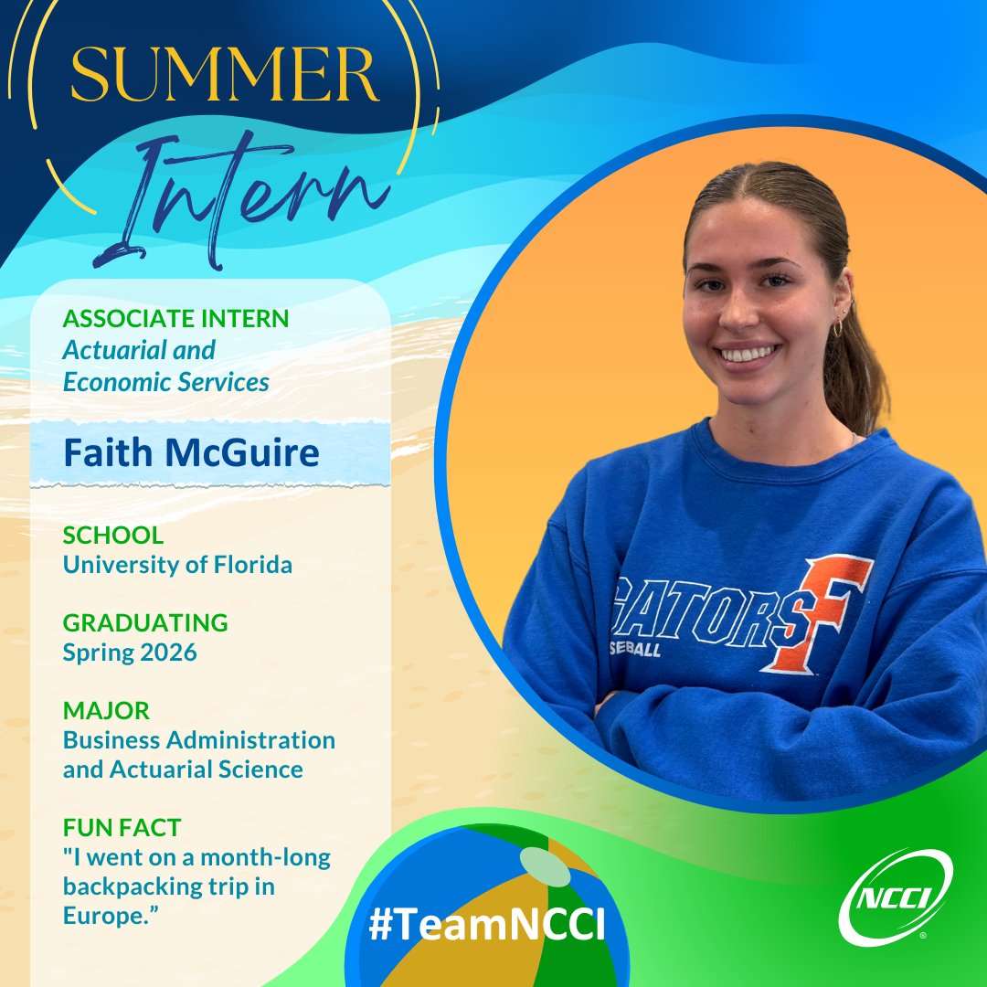 ☀️ Meet Our Intern: Faith McGuire 
We're thrilled to have Faith, an actuarial intern and senior at the University of Florida, join us this summer! 🐊📚 Welcome to #teamNCCI! 🧡💙Learn more about Careers at #NCCI. Visit: jobs.ncci.com #workerscomp