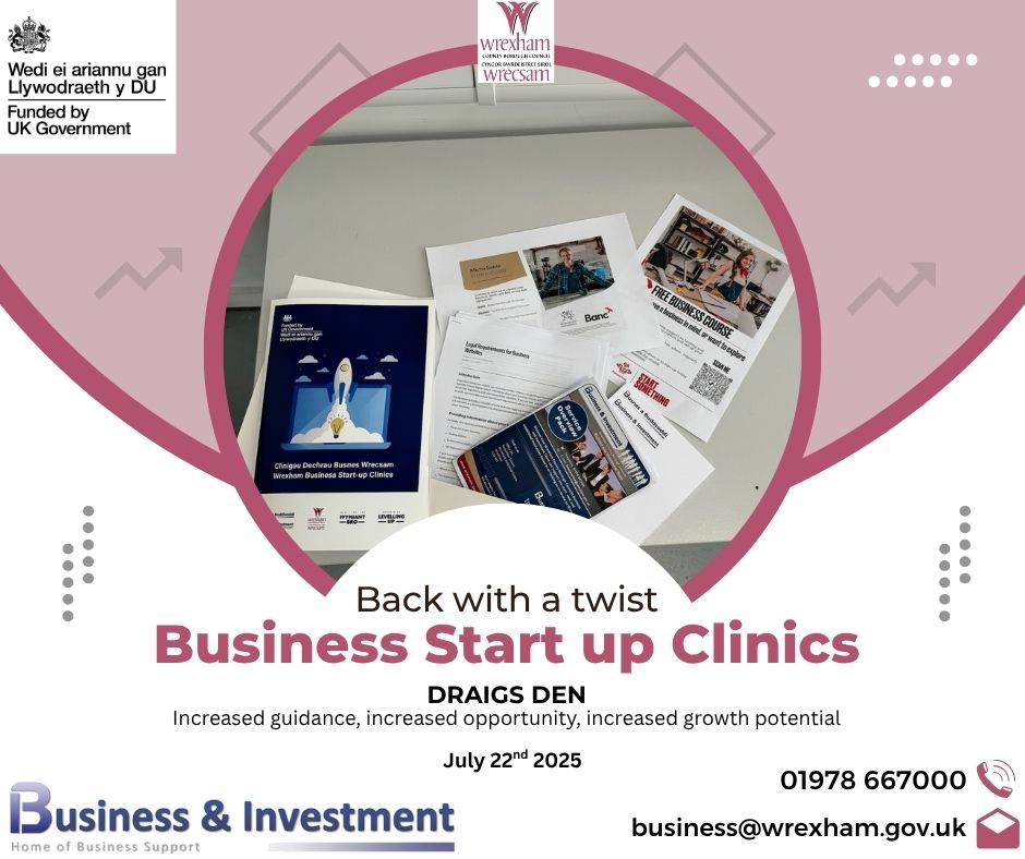 Business and Investment - Wrexham Council (@wxmbizsupport) on Twitter photo The Business and Investment team along with outside stakeholders are here to help guide you through your new business venture by offering confidential and valued support.
Contact us business@wrexham.gov.uk The Business and Investment team along with outside stakeholders are here to help guide you through your new business venture by offering confidential and valued support.
Contact us business@wrexham.gov.uk