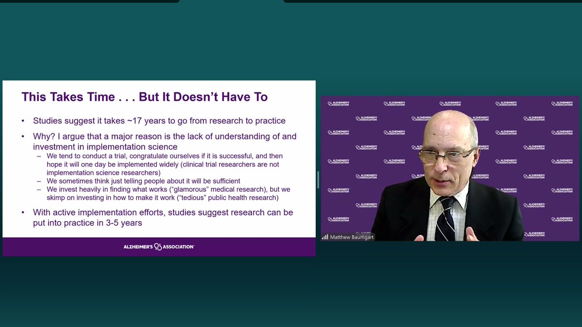 WorldDementia's tweet image. “Knowing what works isn’t enough — we have to deliver it.” — Matthew Baumgart (@alzassociation) highlights the gap between evidence and action, and why implementation science is key to bringing evidence-based, effective brain health interventions to communities.