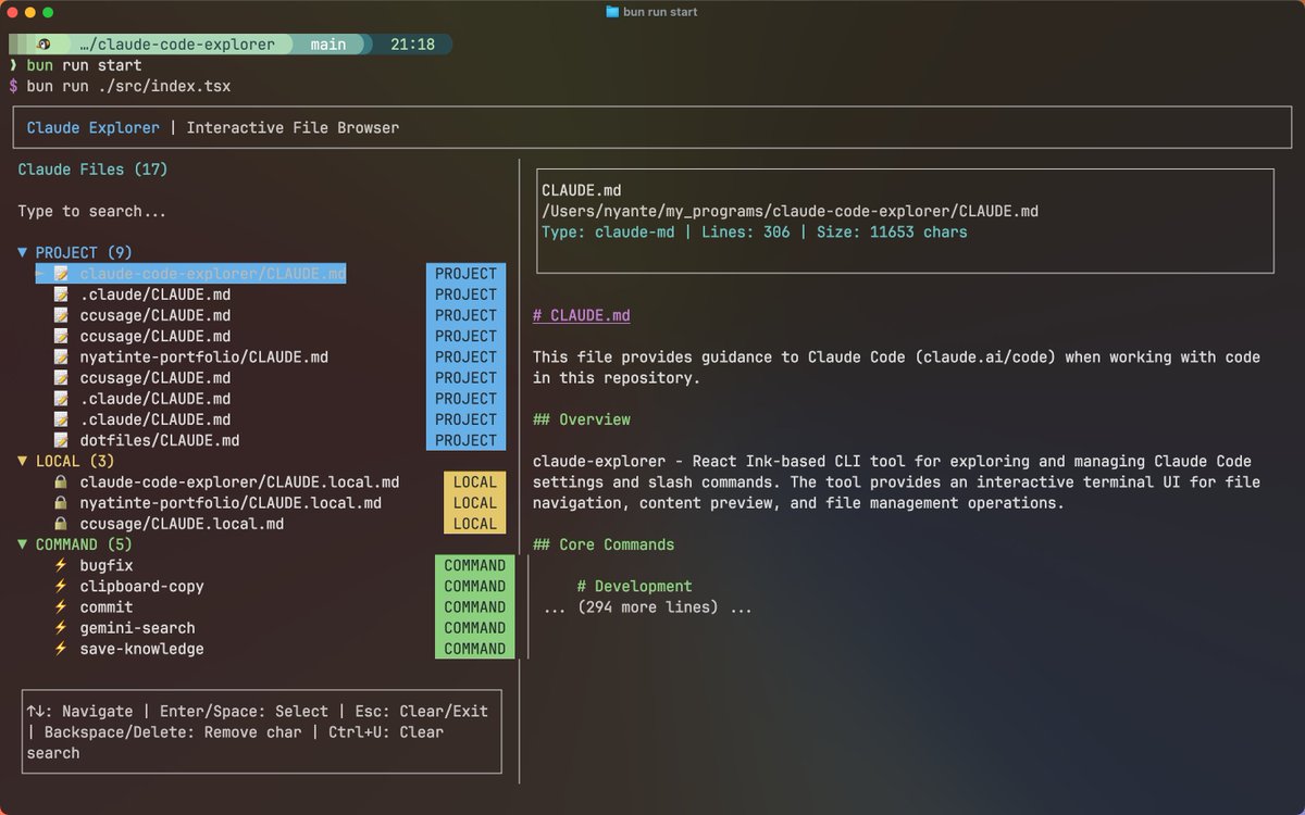 nyatinte's tweet photo. ローカルにあるClaude Code関係のファイルを一覧できるCLI
claude-code-explorer
を作りました！  

https://t.co/3lwrIeL4xn 

npx claude-code-explorer  や bunx claude-code-explorer で使えます！

ファイルのプレビューやコピー、カレントディレクトリにコピーなどの操作ができます！ https://t.co/t4efBURc3i