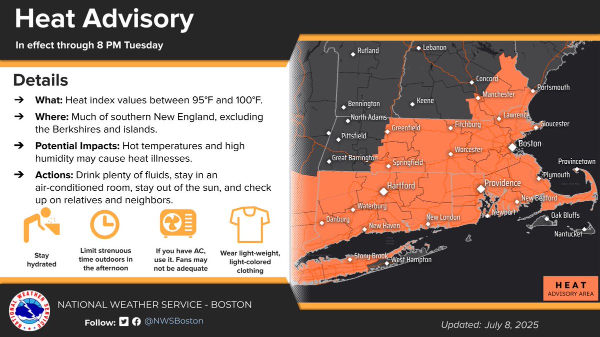 RhodeIslandEMA's tweet image. The @NWSBoston has issued a ‼️Flood Watch‼️ for Rhode Island today 7/8/25 from 2:00PM to 7/9/25 2:00AM. Thunderstorms may lead to localized flash flooding in areas.
A ‼️Heat Advisory‼️is also in affect through 8:00PM today for Rhode Island. Hot and humid temperatures may lead…