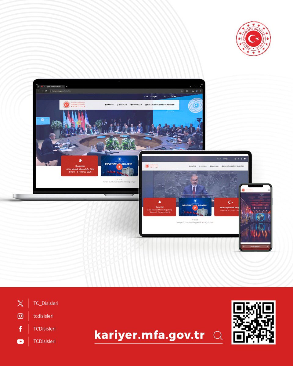 Kariyer web sayfamız erişime açılmıştır.

Kariyer web sayfamızda; Bakanlığımız görev ve yetkileri, memuriyet kategorileri, sınav duyuru ve sonuçları başta olmak üzere birçok bilgiye erişim mümkündür.

Erişim için:
kariyer.mfa.gov.tr