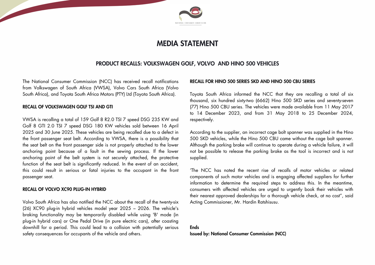 TheNCC_RSA's tweet image. Media Statement: Three car brands have been recalled, more details on the statement. Your safety comes first. @the_dtic @PhethoN