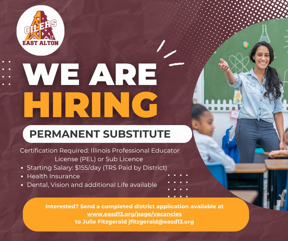 We are looking for a permanent substitute to add to our staff.  Check out easd13.org/page/vacancies for more details