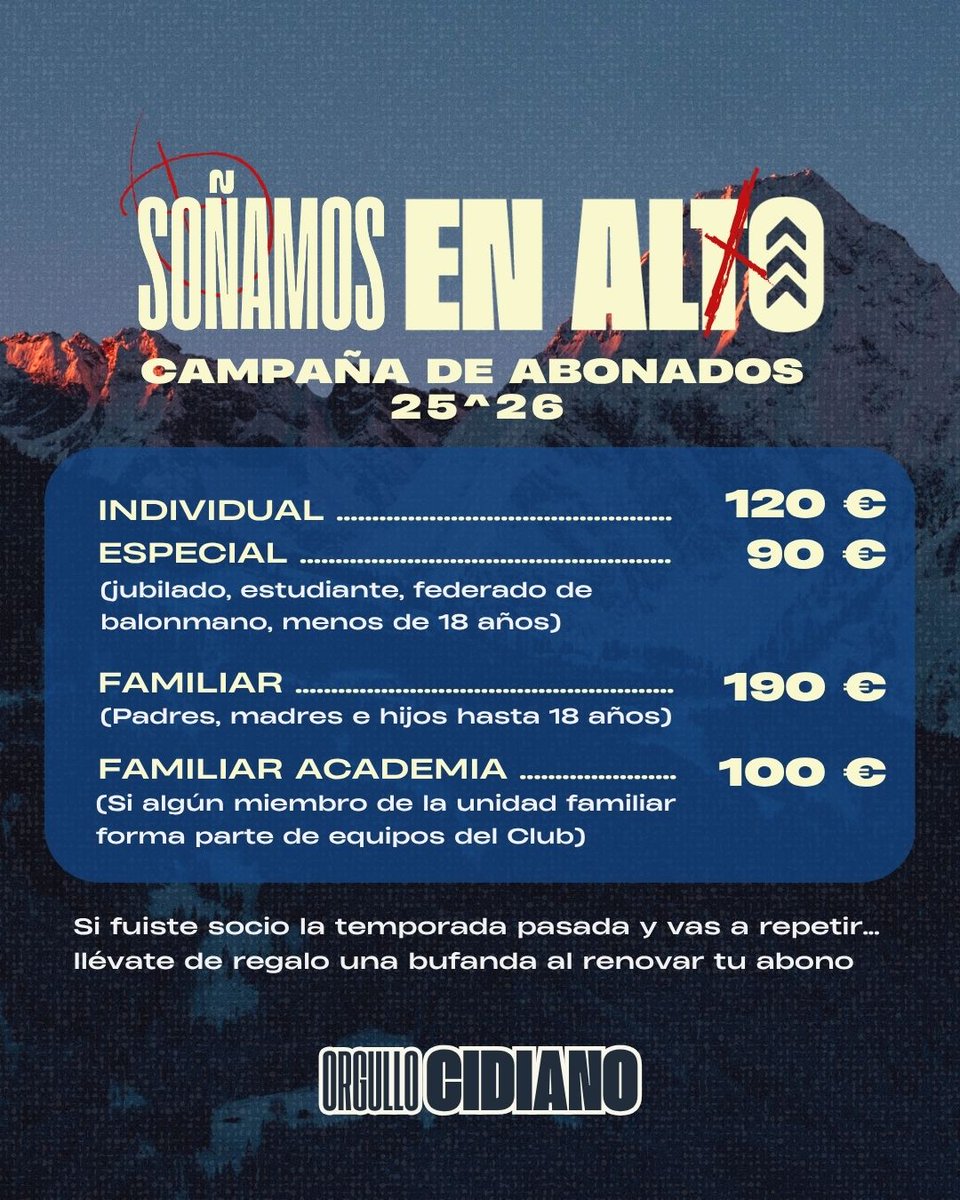 🏔️ Tenemos la vista en la cima y conocemos el camino. Prometemos esfuerzo, entrega y orgullo, pero os necesitamos con nosotros en el camino. 

🚀 Vamos a soñar en alto, ¿te apuntas? 

ℹ️ Toda la información de la campaña de abonados en el enlace: balonmanoburgos.es//ficha/Z6BD3D3…
