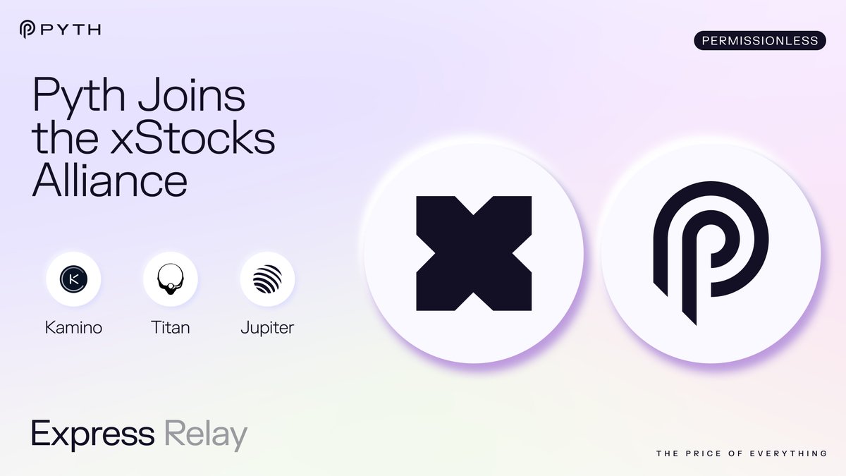 Internet capital markets: powered by Pyth 🔮

Pyth has joined the xStocks Alliance to deliver the best price execution for xStocks on <a href="/solana/">Solana</a> and beyond!

This is made possible through Express Relay on <a href="/KaminoFinance/">Kamino</a>, <a href="/Titan_Exchange/">TITAN</a>, and <a href="/JupiterExchange/">Jupiter (🐱, 🐐)</a>.