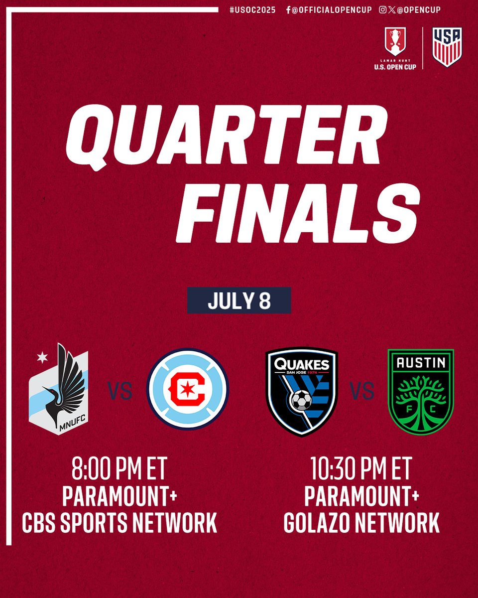 U.S. Open Cup (@opencup) on Twitter photo It's QUARTERFINAL DAY, YAY 😍 #USOC2025
<a href="/MNUFC/">Minnesota United FC</a> vs. <a href="/ChicagoFire/">Chicago Fire FC</a>
<a href="/SJEarthquakes/">San Jose Earthquakes</a> vs. <a href="/AustinFC/">Austin FC</a>
WATCH on <a href="/paramountplus/">Paramount+</a> » ussoc.cr/hnt
WATCH on <a href="/CBSSportsGolazo/">CBS Sports Golazo ⚽️</a> » ussoc.cr/fae051
Or on air at <a href="/CBSSportsNet/">CBS Sports Network</a> It's QUARTERFINAL DAY, YAY 😍 #USOC2025
<a href="/MNUFC/">Minnesota United FC</a> vs. <a href="/ChicagoFire/">Chicago Fire FC</a>
<a href="/SJEarthquakes/">San Jose Earthquakes</a> vs. <a href="/AustinFC/">Austin FC</a>
WATCH on <a href="/paramountplus/">Paramount+</a> » ussoc.cr/hnt
WATCH on <a href="/CBSSportsGolazo/">CBS Sports Golazo ⚽️</a> » ussoc.cr/fae051
Or on air at <a href="/CBSSportsNet/">CBS Sports Network</a>