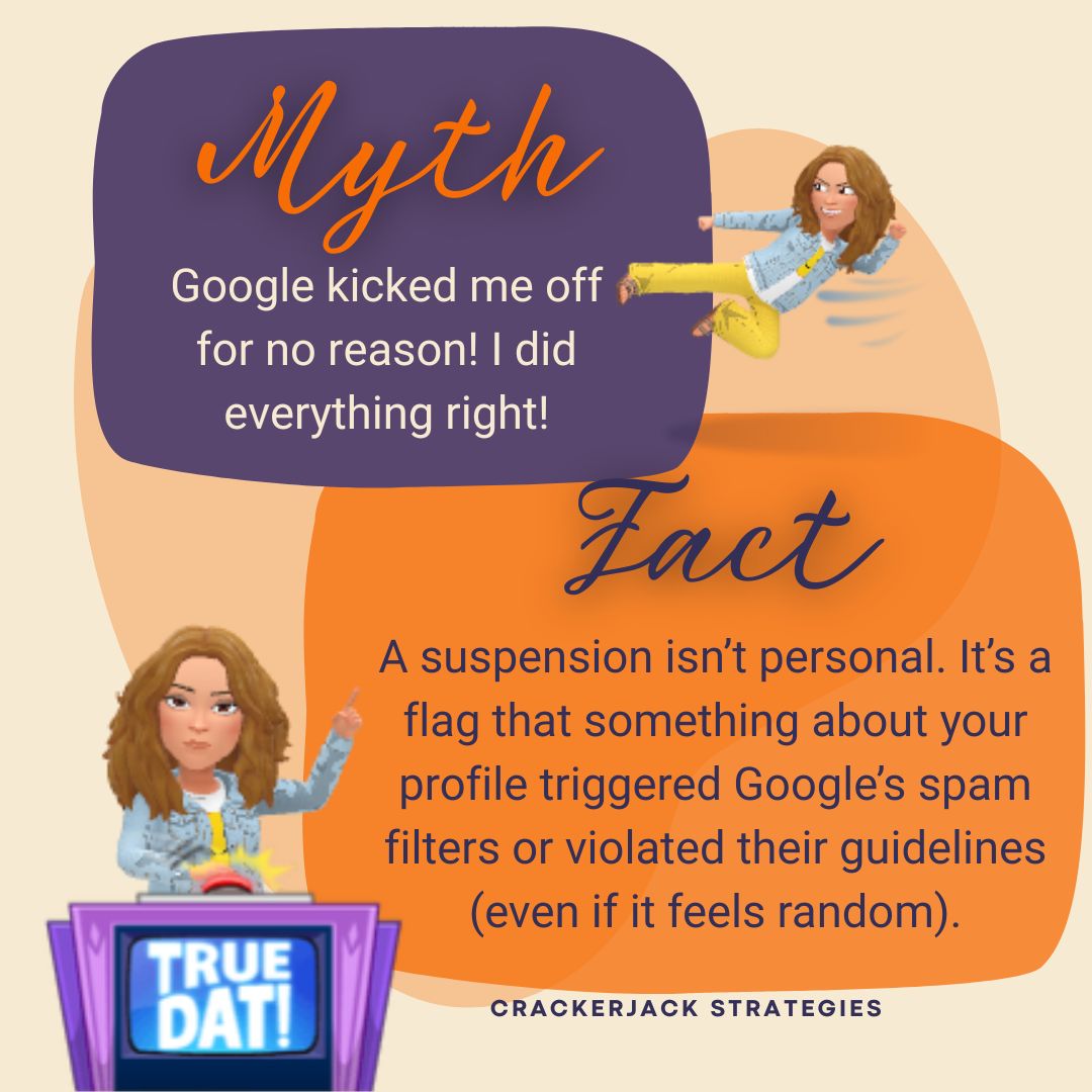 CrackerjackStr's tweet image. Feeling blindsided by a Google suspension? You’re not alone. The good news? It’s fixable.
📍Need help? Let's connect for a consultation
#GoogleProfileSuspended #MythVsFact #LocalSEOHelp #CrackerjackStrategies #GetBackOnGoogle #SmallBusinessSupport