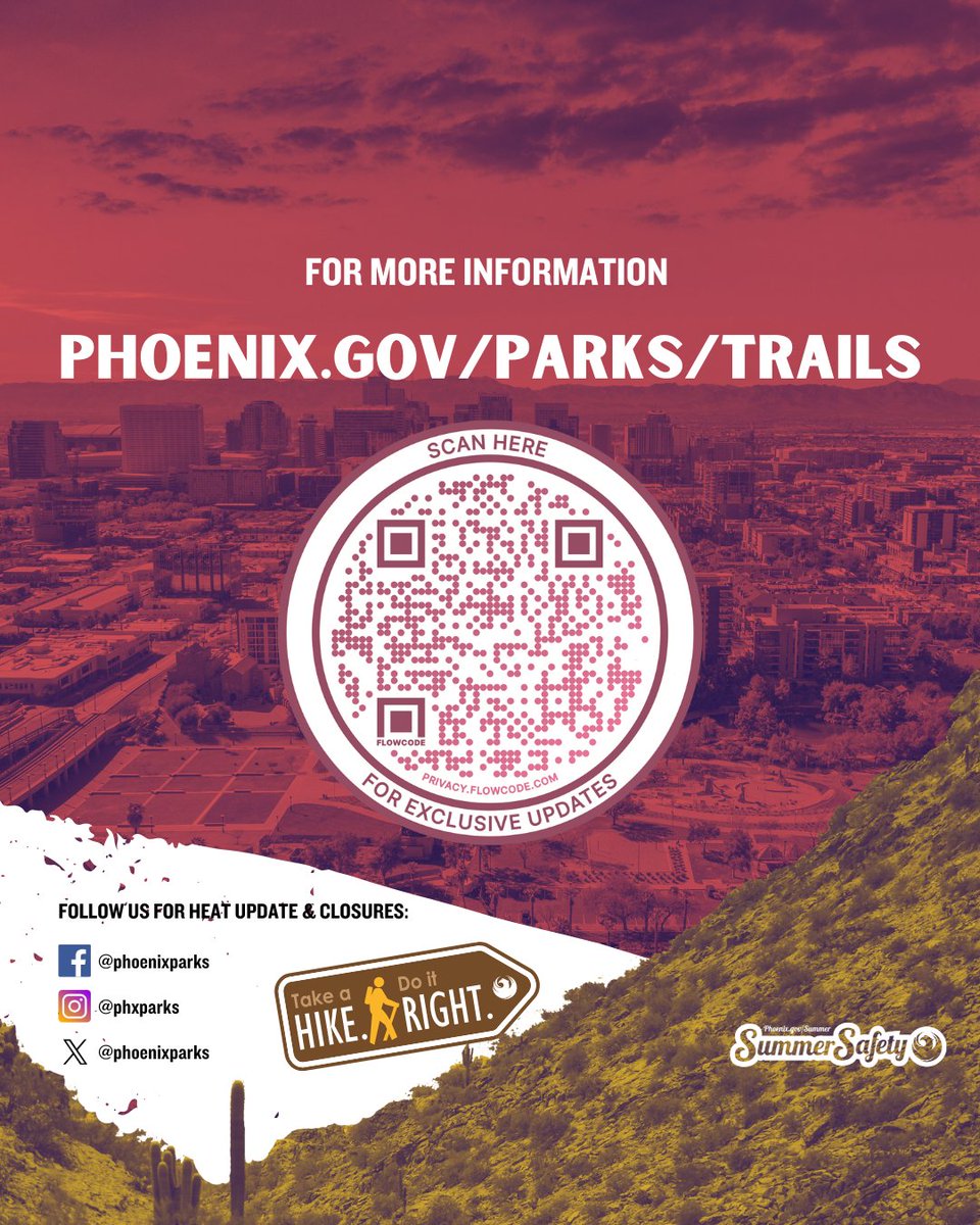 Phoenix Parks and Recreation (@phoenixparks) on Twitter photo EXTREME HEAT WARNING IN EFFECT 🔥 For public safety, Camelback Mountain & Piestewa Peak trails, as well as select trails at South Mountain Park & Preserve, will be RESTRICTED from 8 a.m. to 5 p.m. through Thursday, July 10.
More info: bit.ly/44jzol9
<a href="/CityofPhoenixAZ/">City of Phoenix, AZ</a> EXTREME HEAT WARNING IN EFFECT 🔥 For public safety, Camelback Mountain & Piestewa Peak trails, as well as select trails at South Mountain Park & Preserve, will be RESTRICTED from 8 a.m. to 5 p.m. through Thursday, July 10.
More info: bit.ly/44jzol9
<a href="/CityofPhoenixAZ/">City of Phoenix, AZ</a>